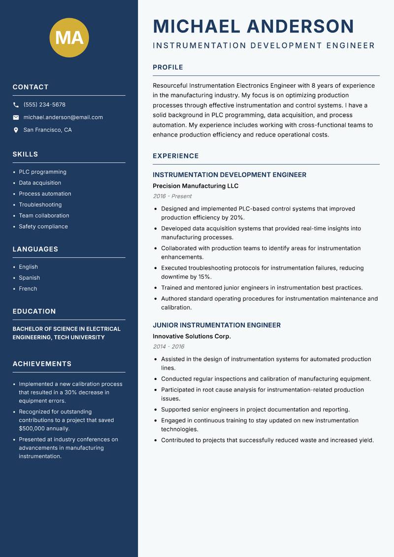 Instrumentation Electronics Engineer resume sample — Instrumentation Development Engineer focus