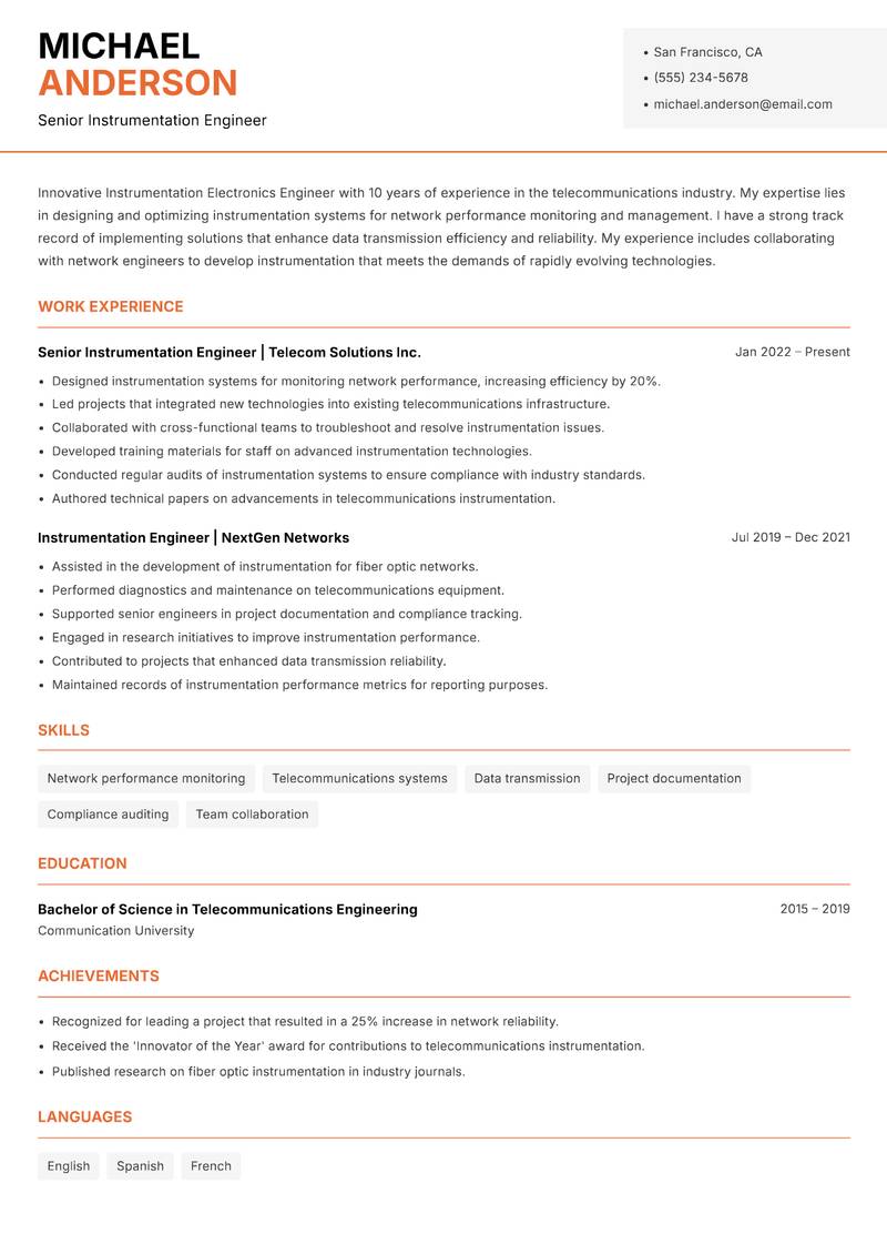 Instrumentation Electronics Engineer resume sample — Senior Instrumentation Engineer focus