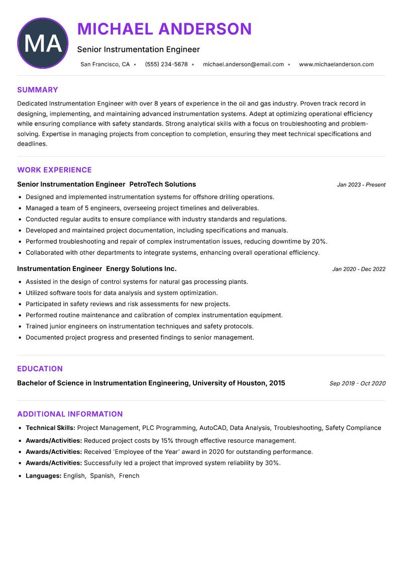 Instrumentation Engineer resume example