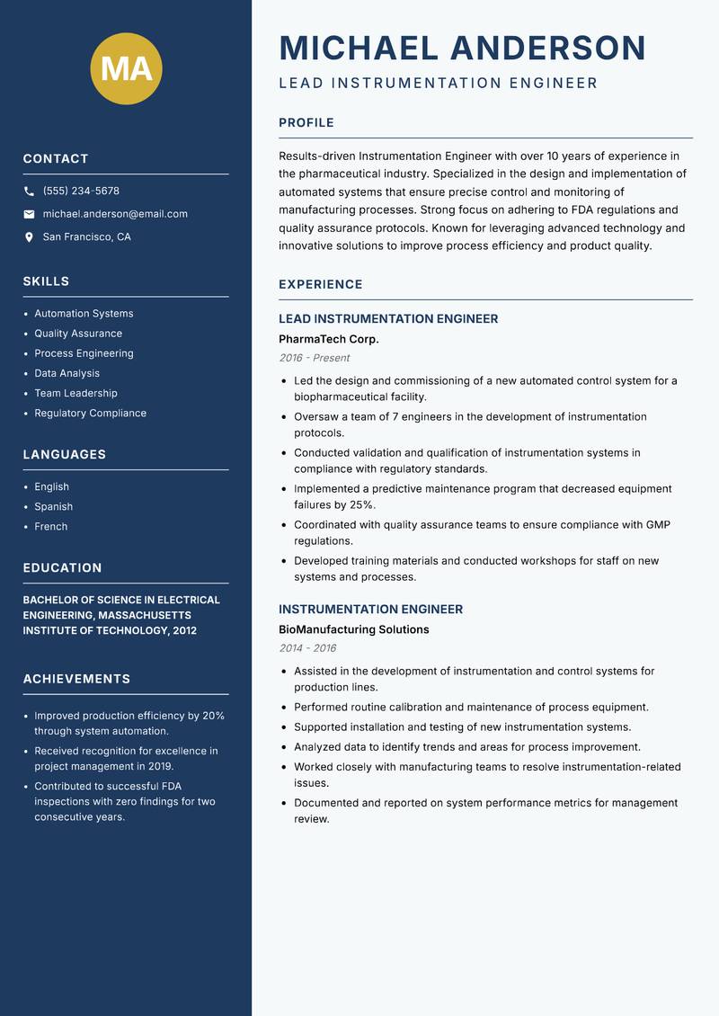 Instrumentation Engineer resume sample — Lead Instrumentation Engineer focus