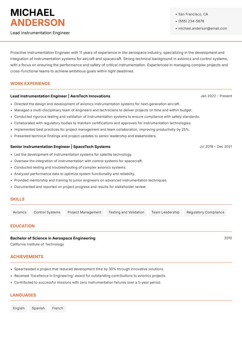 Instrumentation Engineer resume sample — Lead Instrumentation Engineer focus