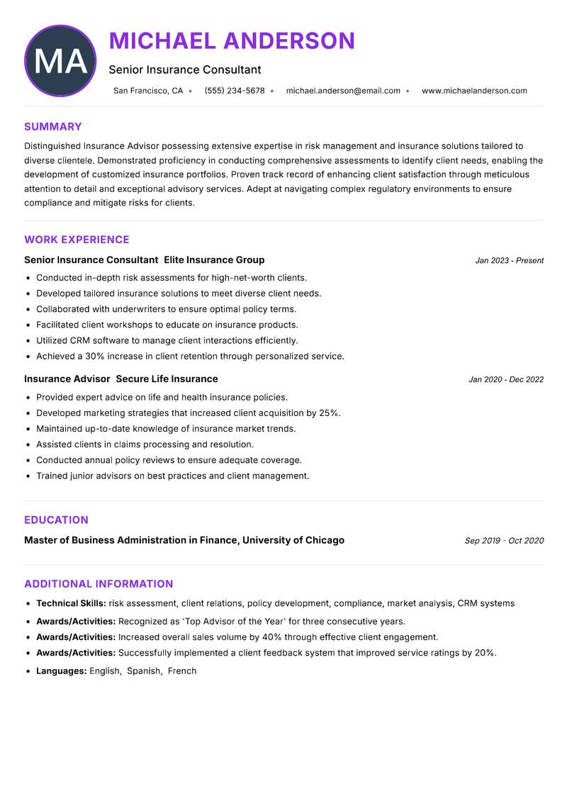 Insurance Advisor resume example