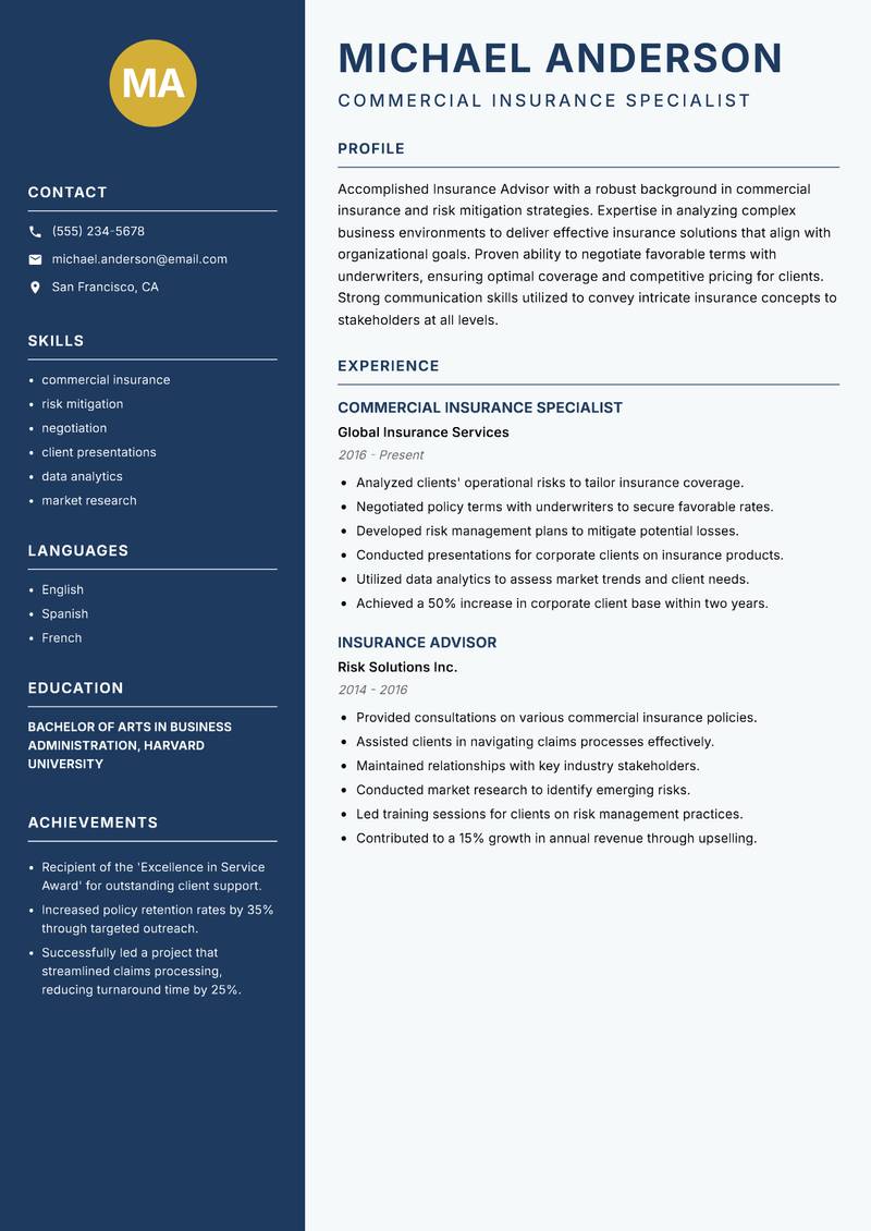 Insurance Advisor resume sample — Commercial Insurance Specialist focus
