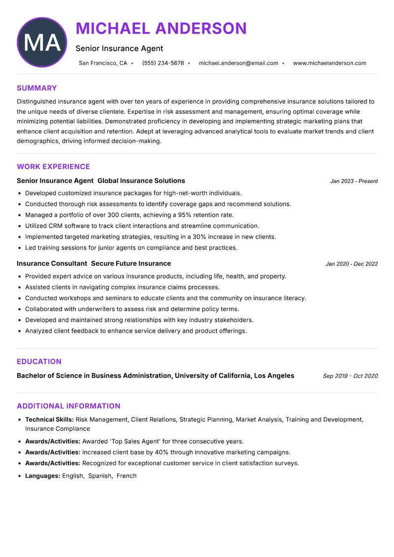 Insurance Agent resume example