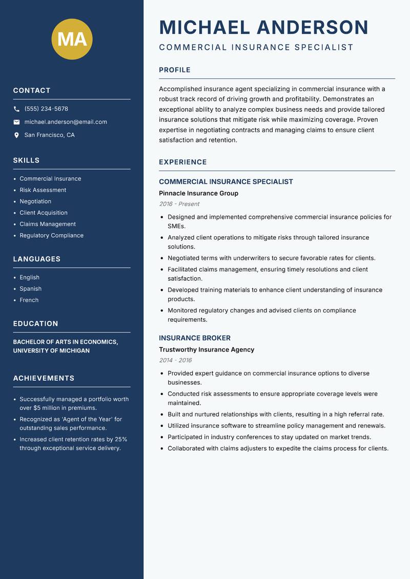 Insurance Agent resume sample — Commercial Insurance Specialist focus