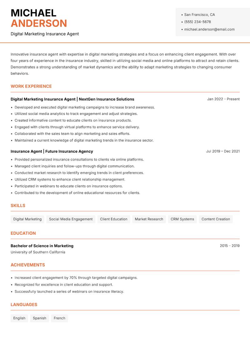 Insurance Agent resume sample — Digital Marketing Insurance Agent focus