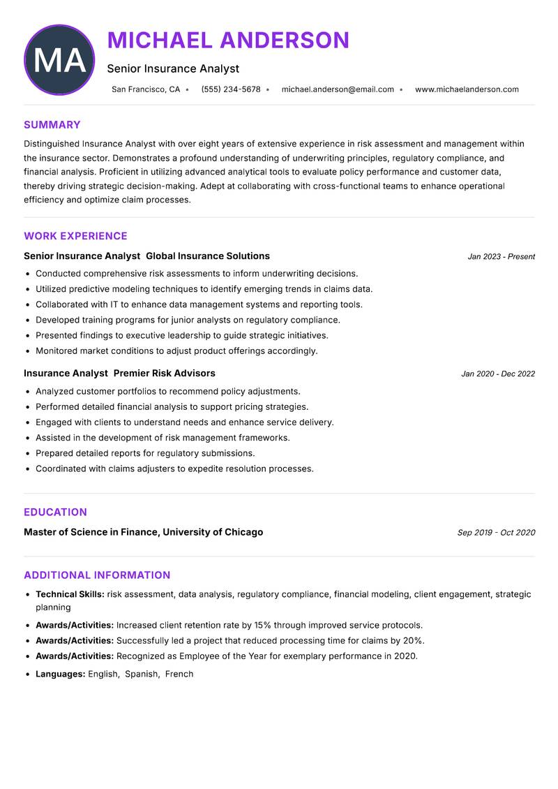 Insurance Analyst resume example