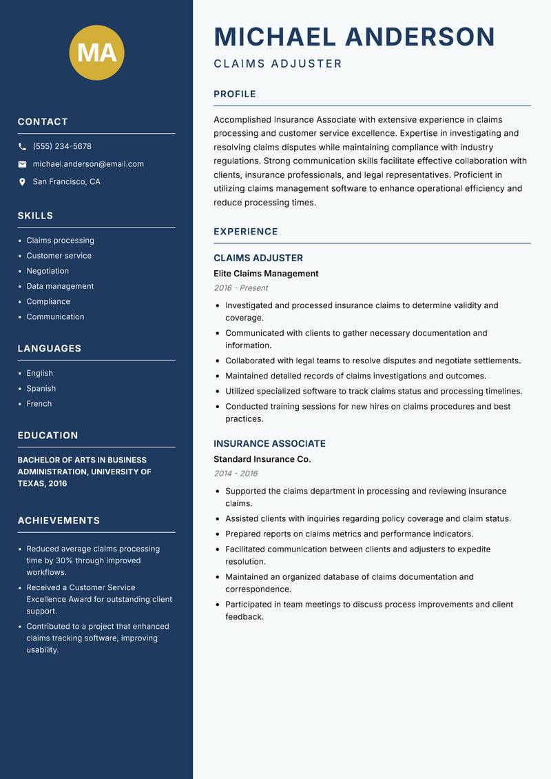 Insurance Associate resume sample — Claims Adjuster focus