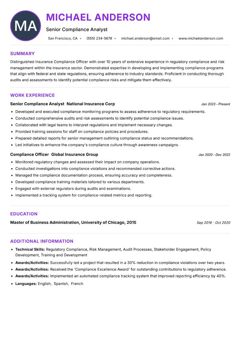 Insurance Compliance Officer resume example