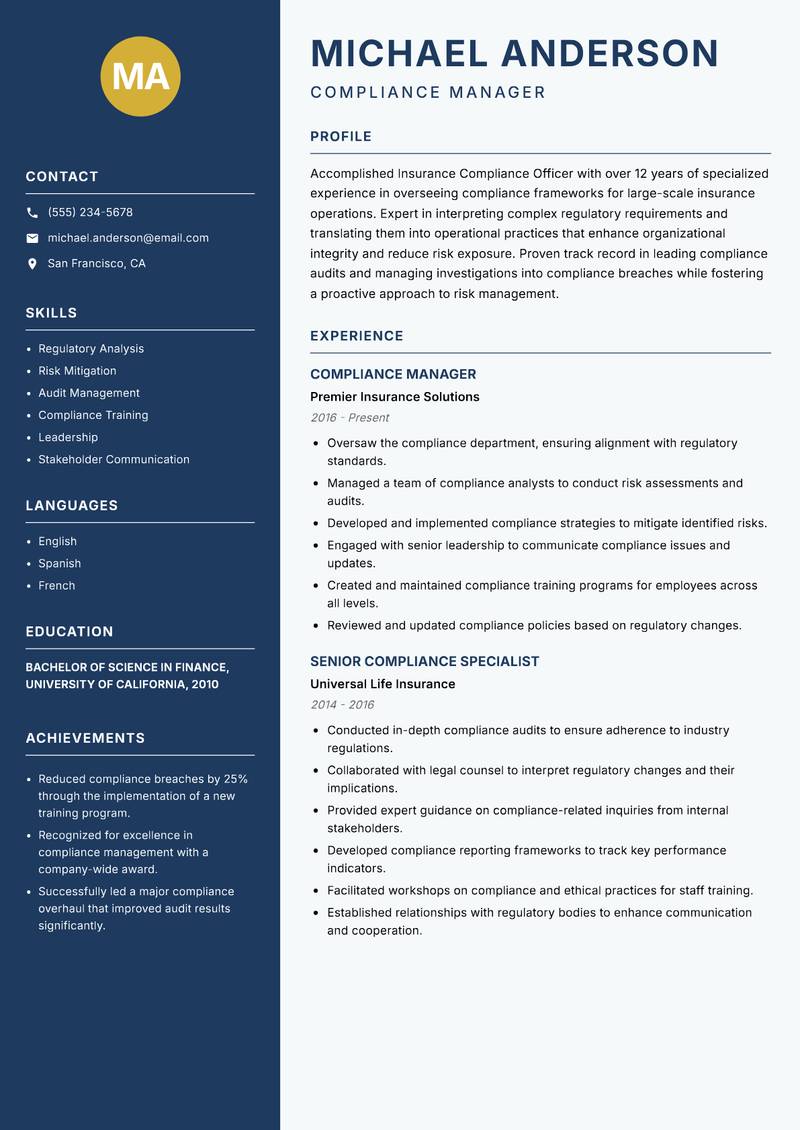 Insurance Compliance Officer resume sample — Compliance Manager focus