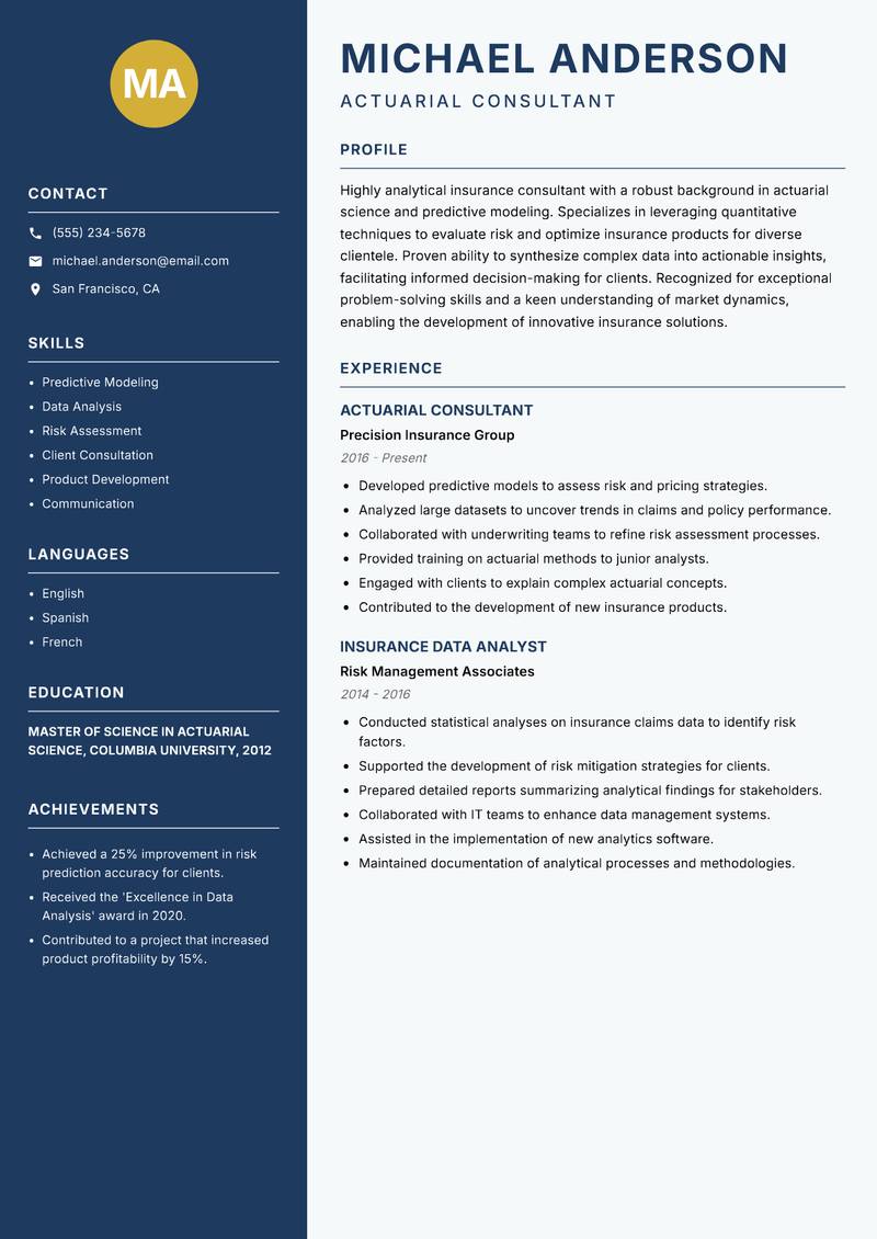 Insurance Consultant resume sample — Actuarial Consultant focus