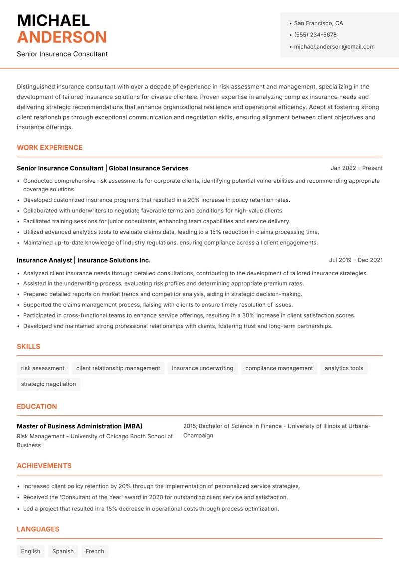 Insurance Consultant resume sample — Senior Insurance Consultant focus