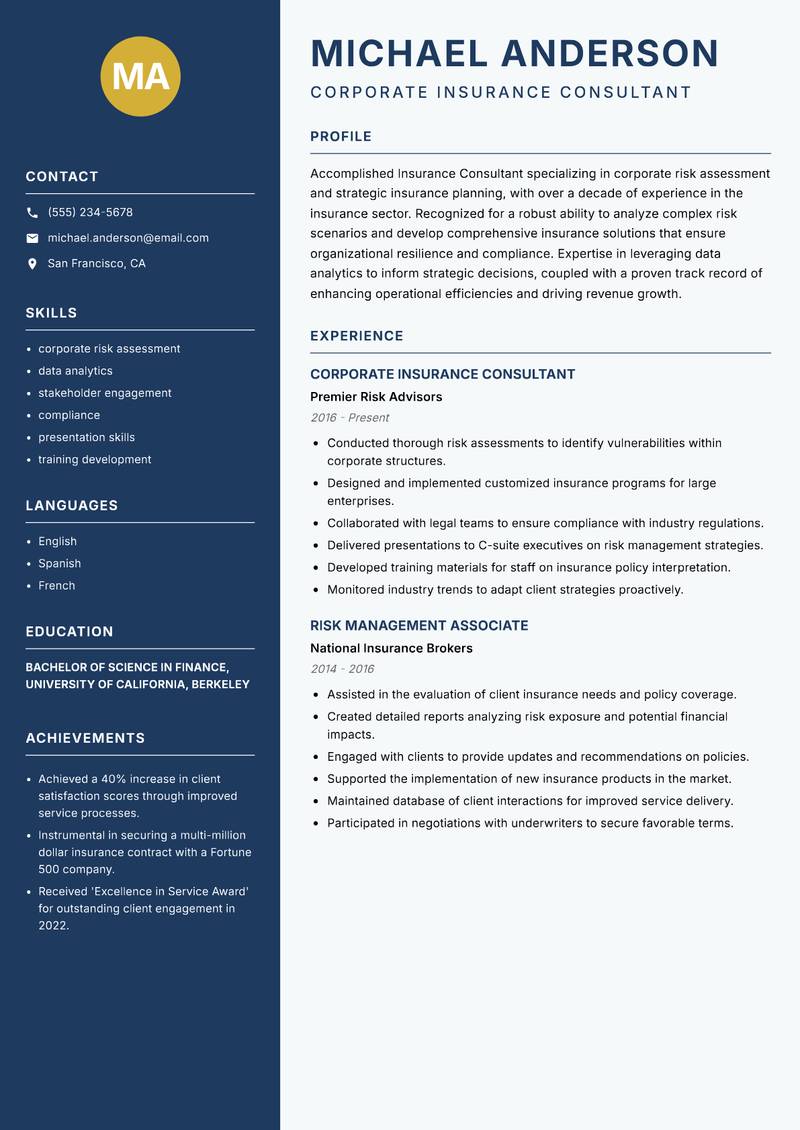 Insurance Consultant Strategy resume sample — Corporate Insurance Consultant focus