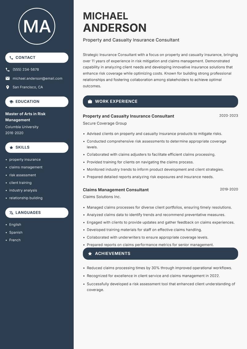 Insurance Consultant Strategy resume sample — Property and Casualty Insurance Consultant focus