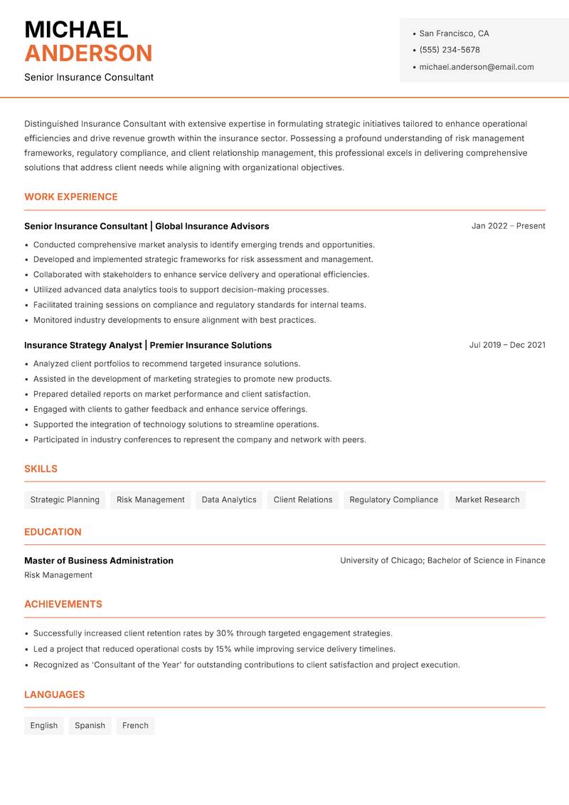 Insurance Consultant Strategy resume sample — Senior Insurance Consultant focus