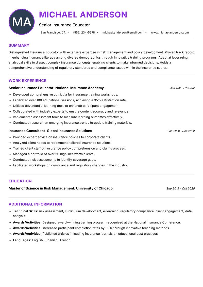 Insurance Educator resume example