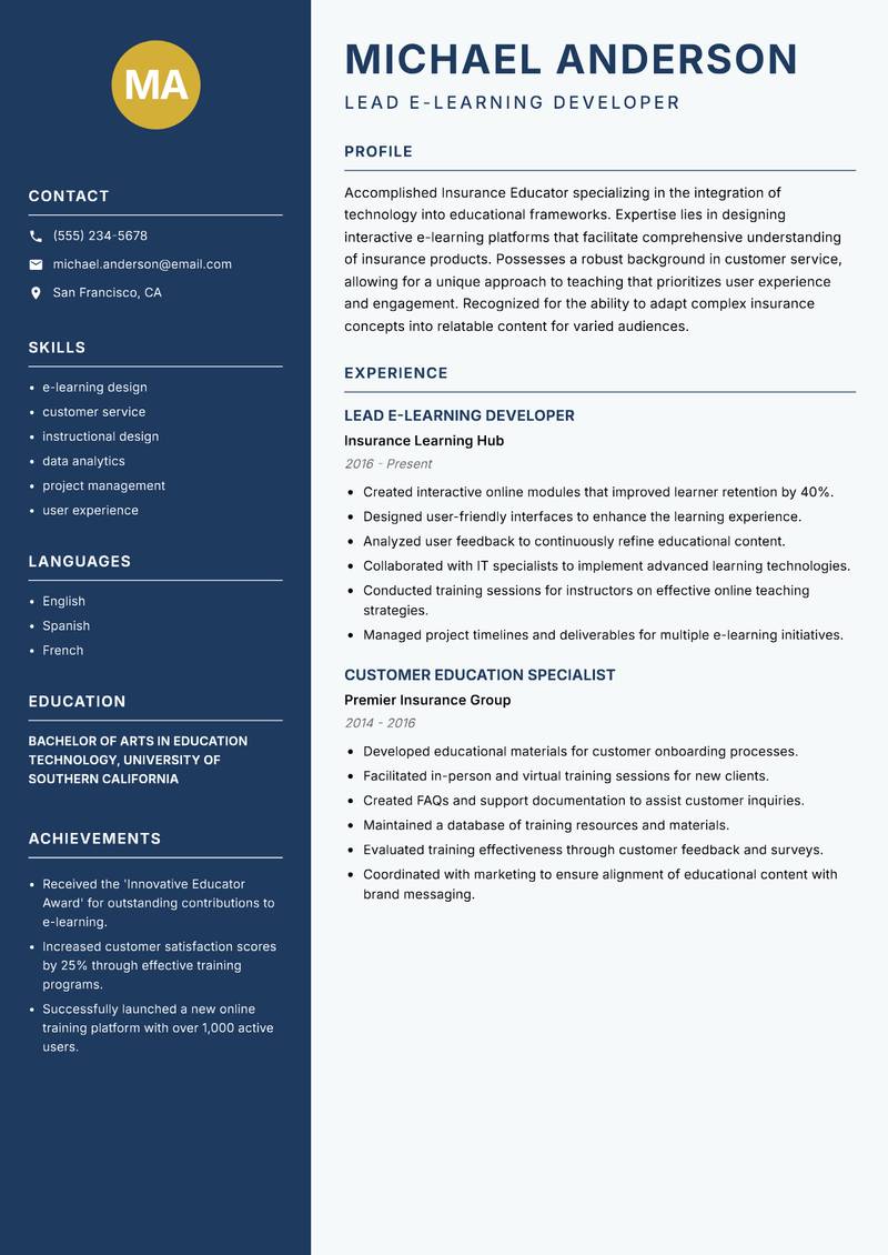 Insurance Educator resume sample — Lead E-Learning Developer focus