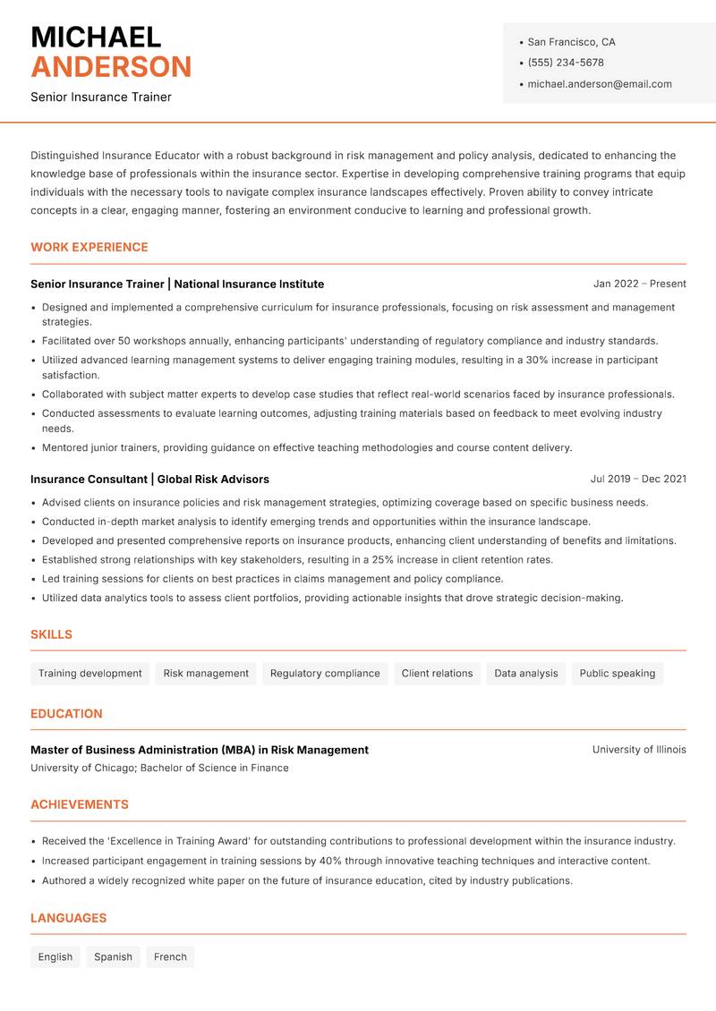 Insurance Educator resume sample — Senior Insurance Trainer focus