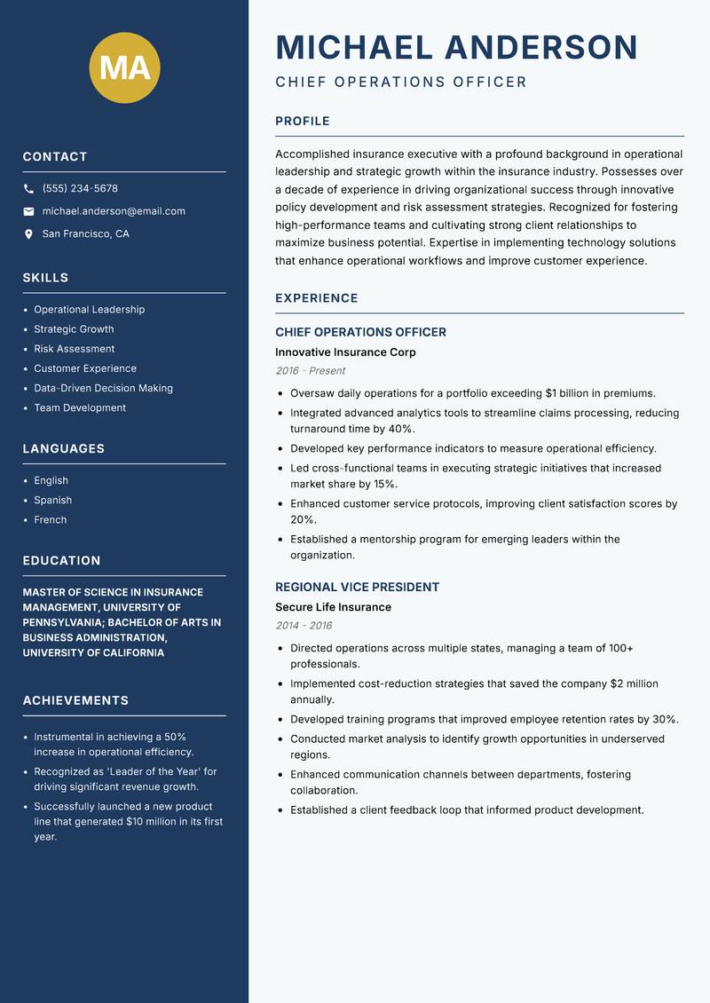 Insurance Executive resume sample — Chief Operations Officer focus