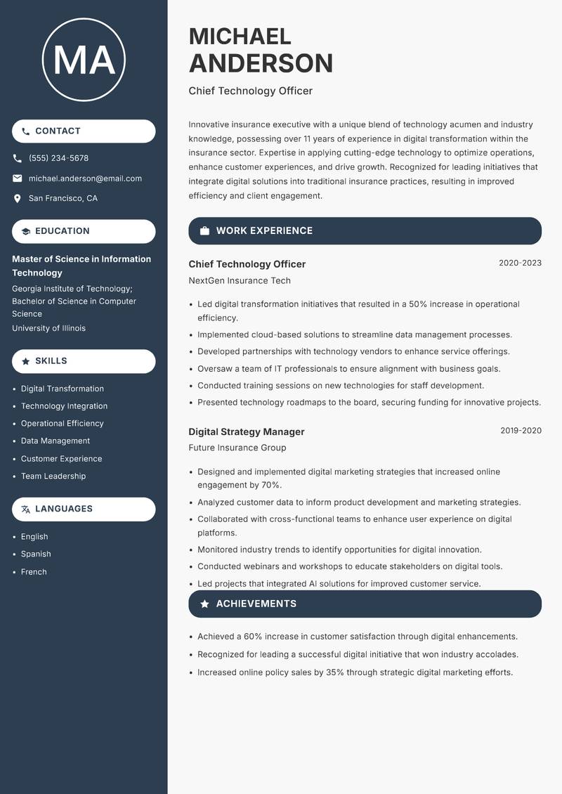 Insurance Executive resume sample — Chief Technology Officer focus