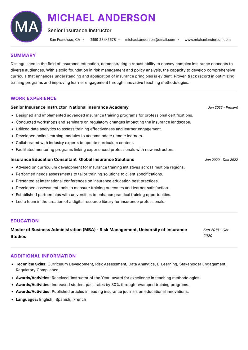 Insurance Instructor resume example