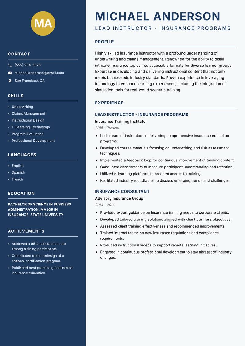 Insurance Instructor resume sample — Lead Instructor - Insurance Programs focus