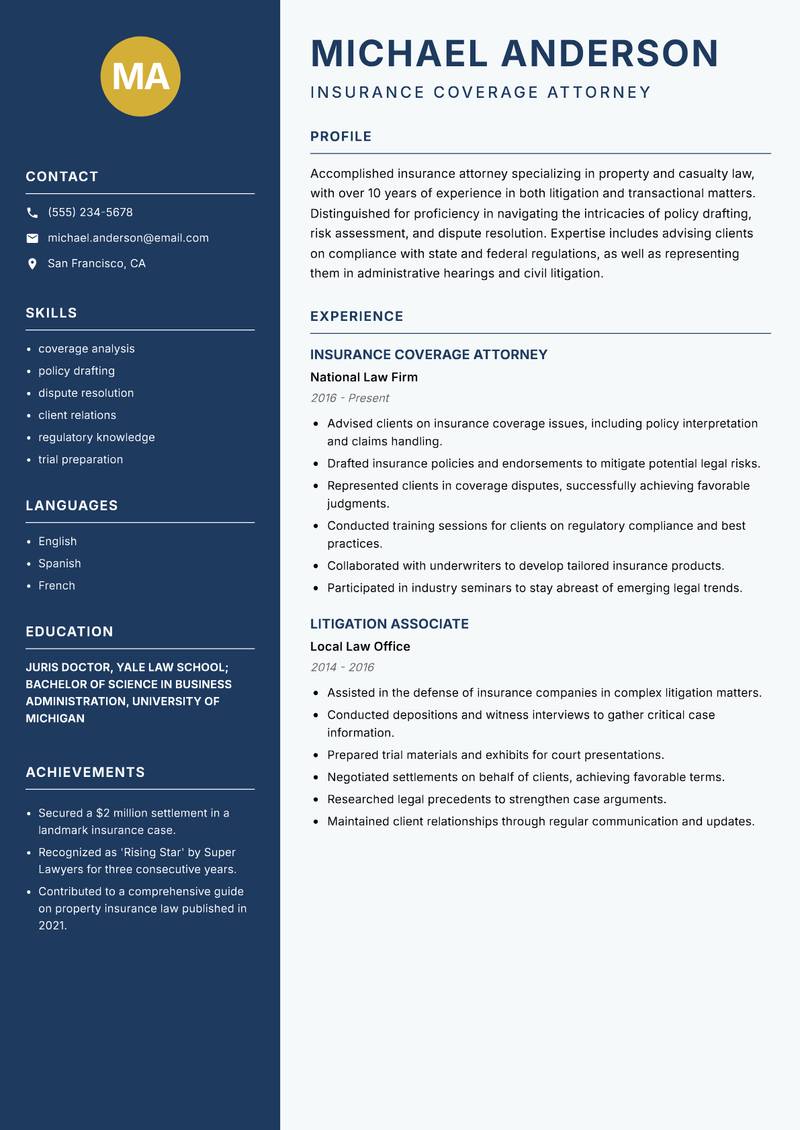 Insurance Lawyer resume sample — Insurance Coverage Attorney focus