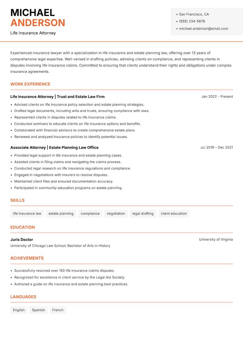 Insurance Lawyer resume sample — Life Insurance Attorney focus