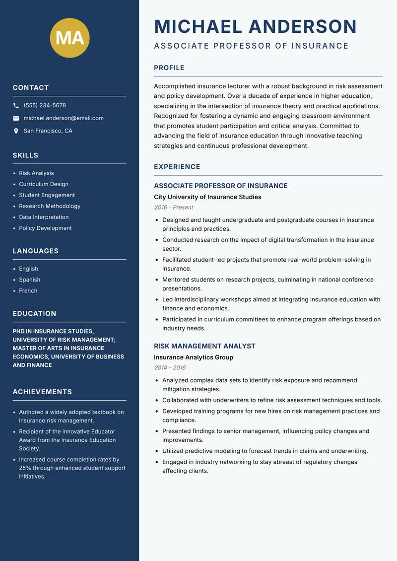 Insurance Lecturer resume sample — Associate Professor of Insurance focus