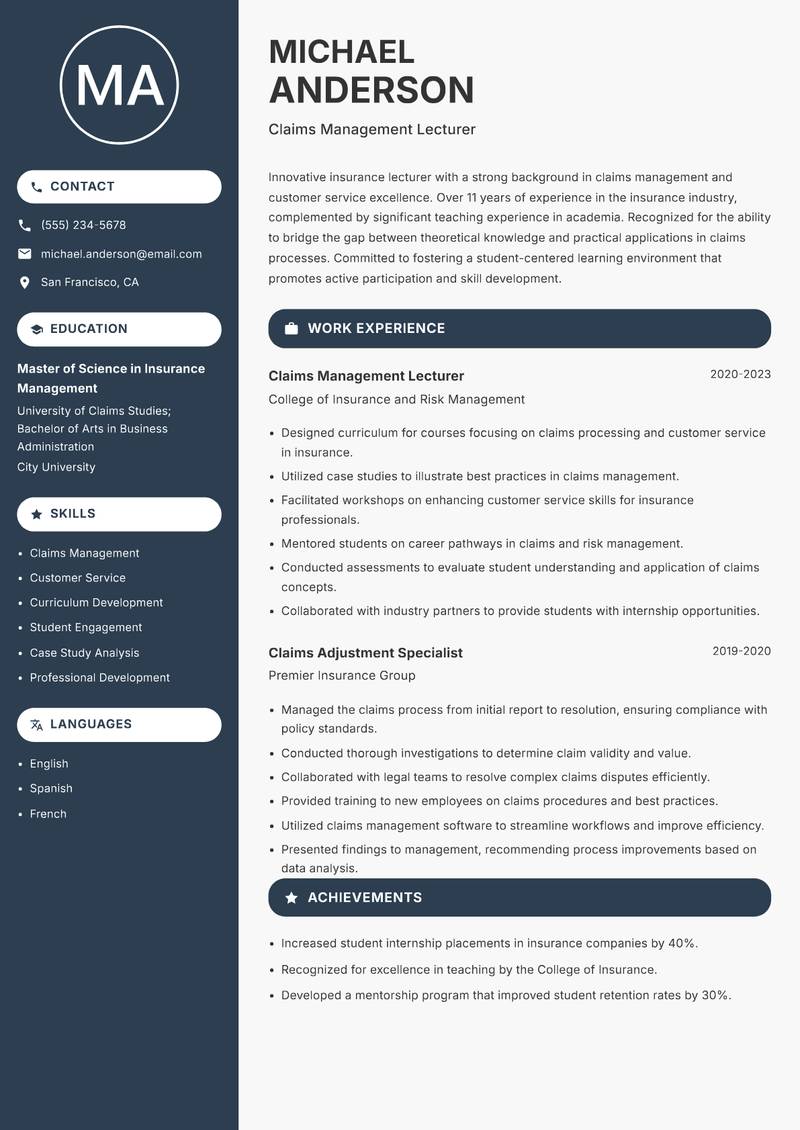 Insurance Lecturer resume sample — Claims Management Lecturer focus