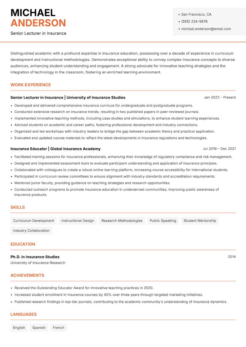 Insurance Lecturer resume sample — Senior Lecturer in Insurance focus