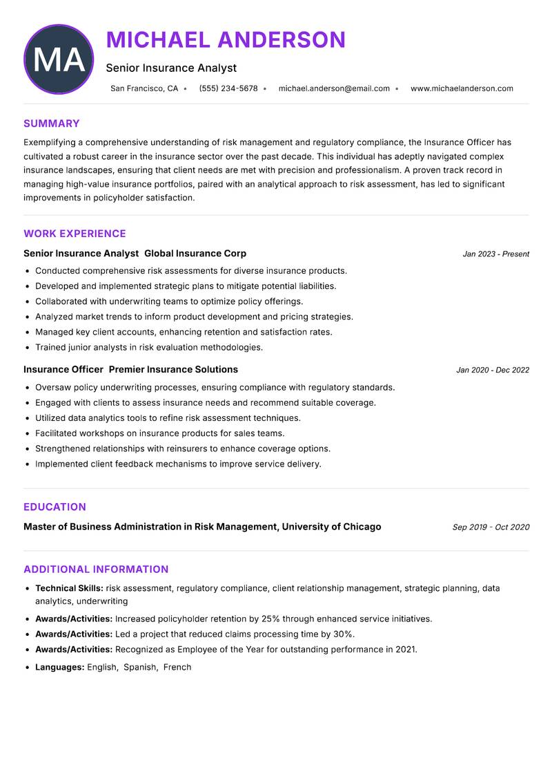 Insurance Officer resume example