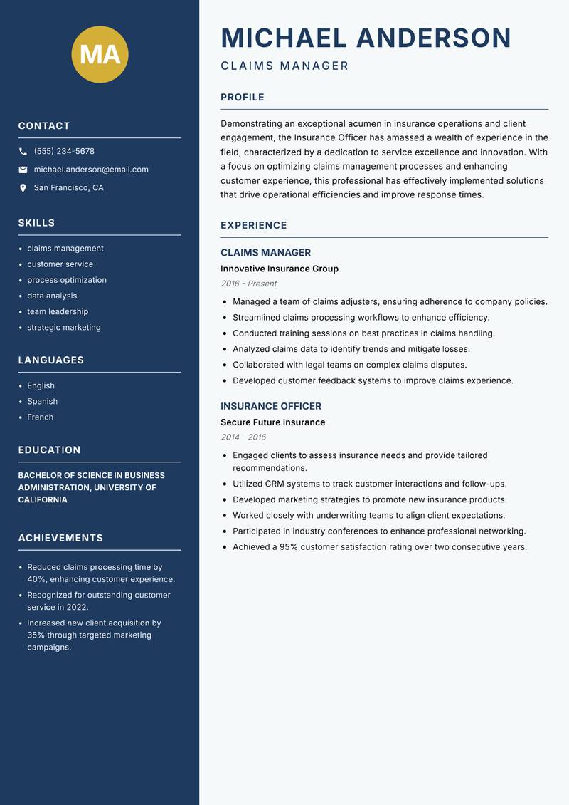 Insurance Officer resume sample — Claims Manager focus