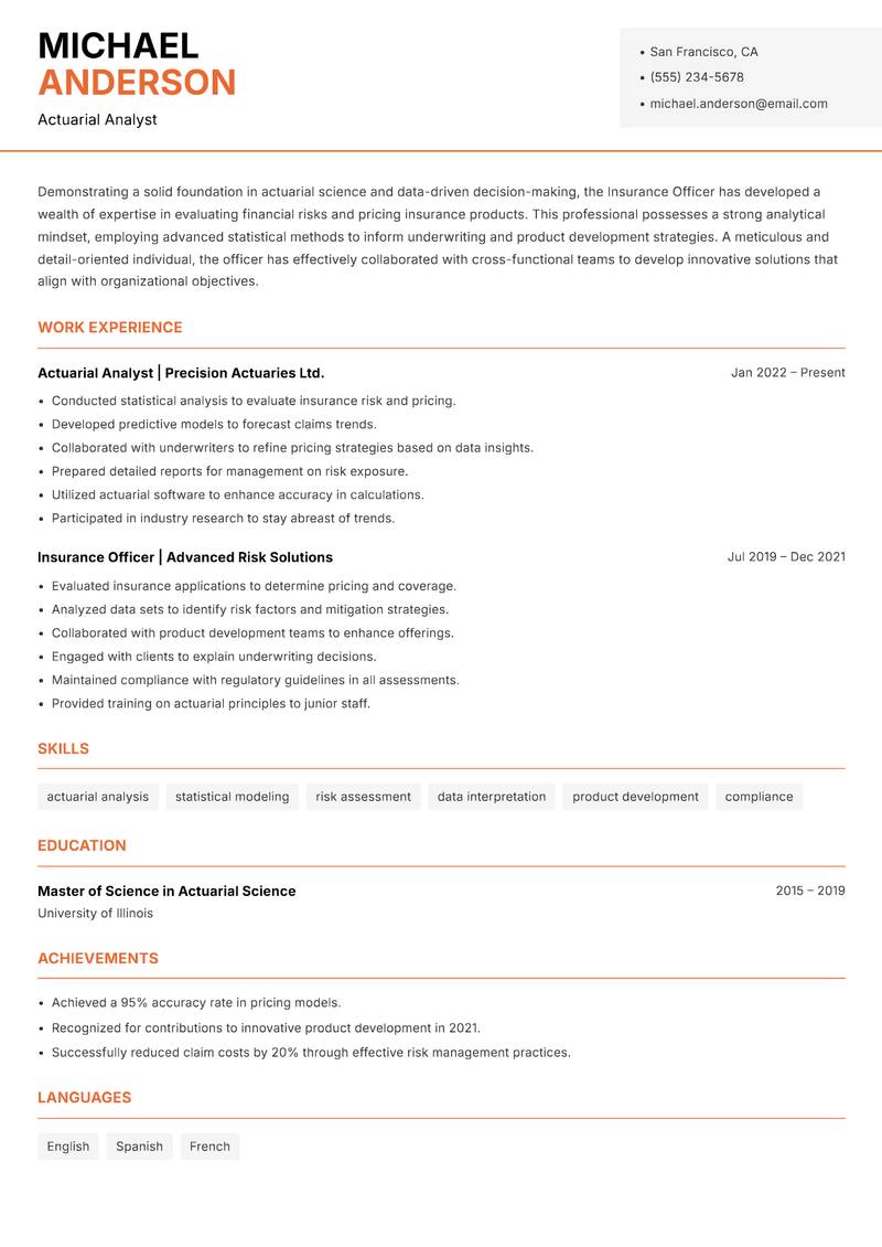 Insurance Officer resume sample — Actuarial Analyst focus