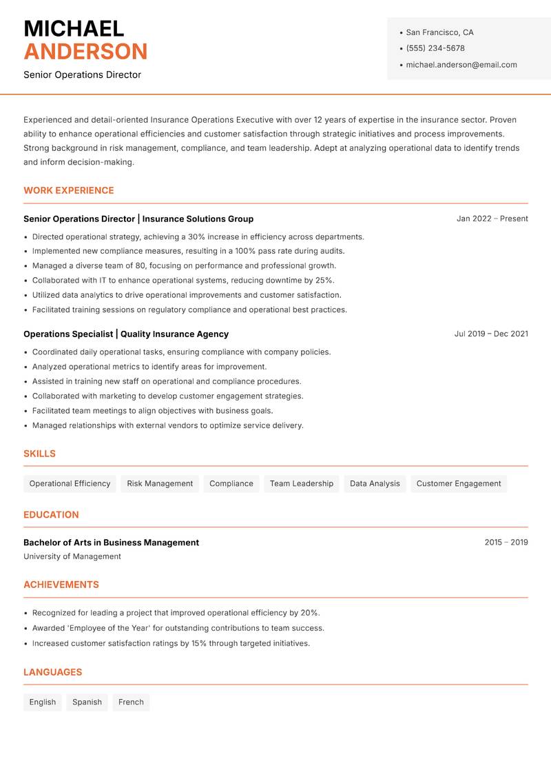 Insurance Operations Executive resume sample — Senior Operations Director focus