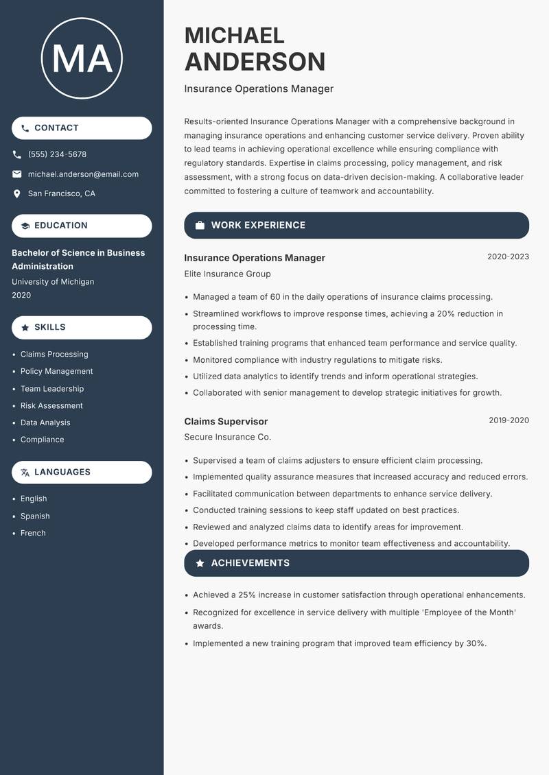 Insurance Operations Manager resume sample — Insurance Operations Manager focus
