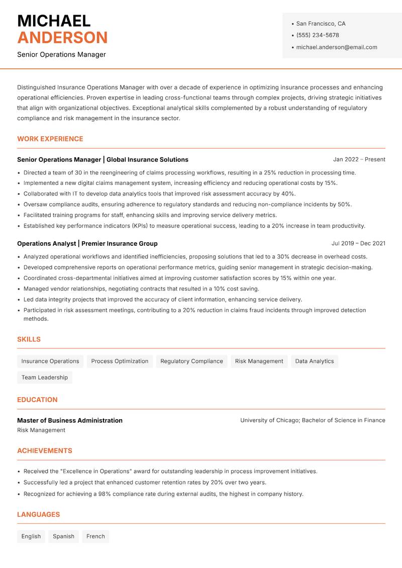 Insurance Operations Manager resume sample — Senior Operations Manager focus