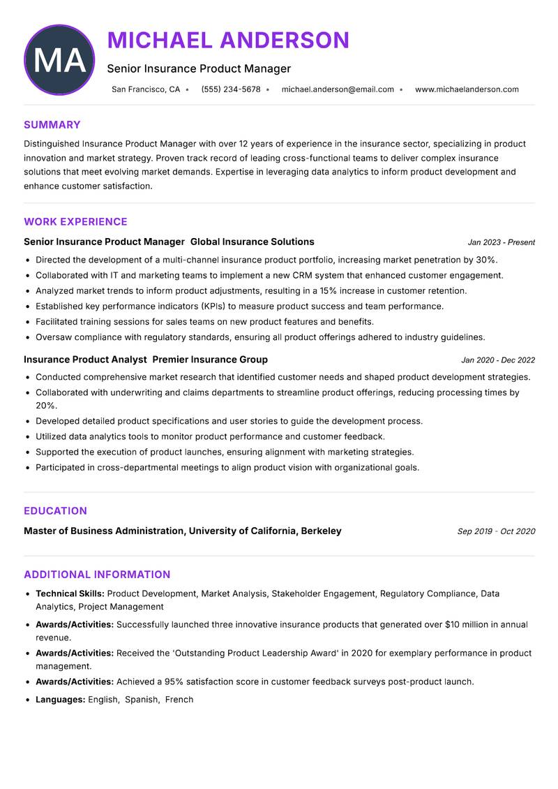 Insurance Product Manager resume example