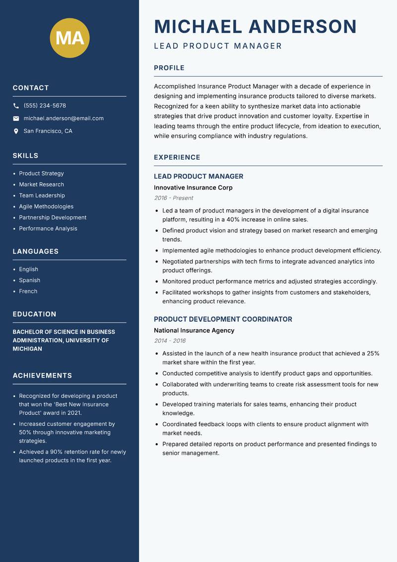 Insurance Product Manager resume sample — Lead Product Manager focus