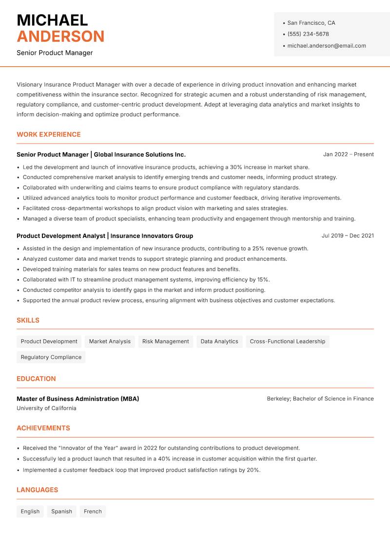 Insurance Product Manager resume sample — Senior Product Manager focus