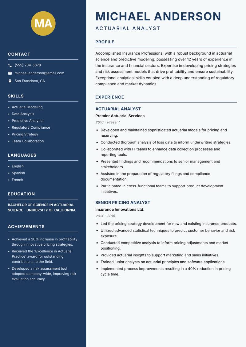 Insurance Professional resume sample — Actuarial Analyst focus