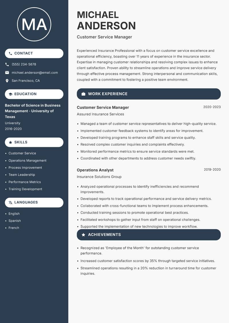 Insurance Professional resume sample — Customer Service Manager focus