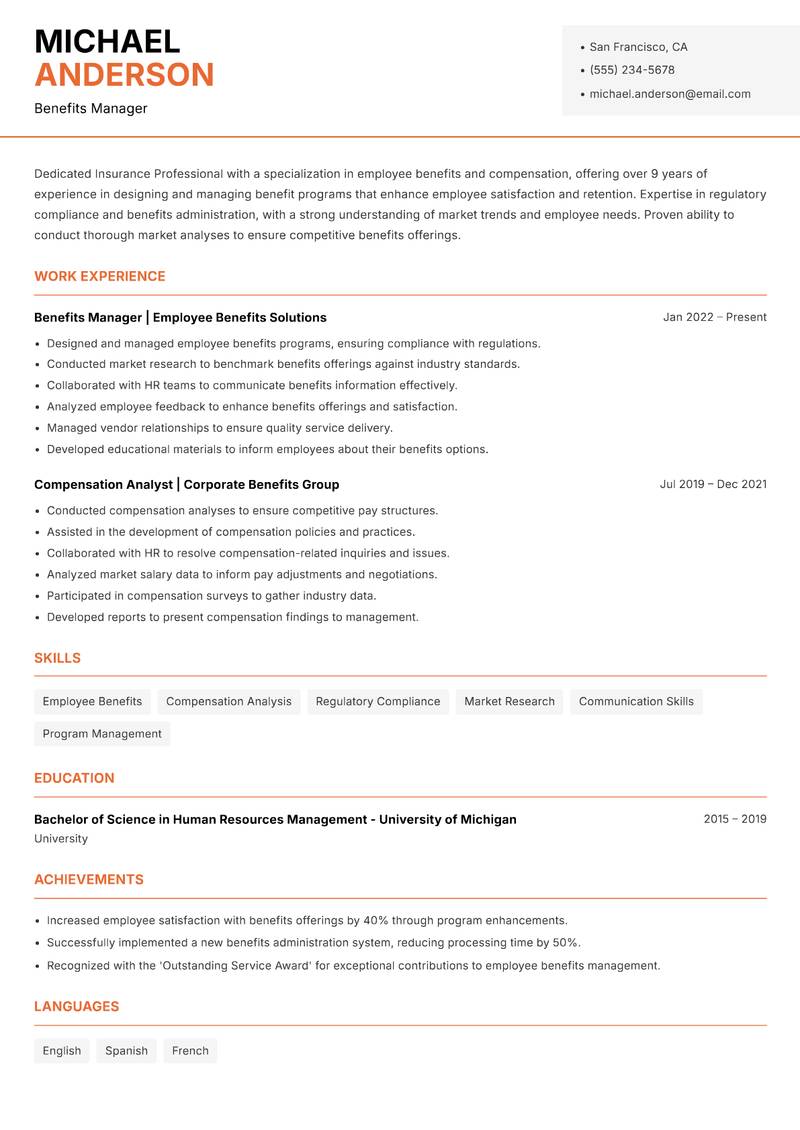Insurance Professional resume sample — Benefits Manager focus
