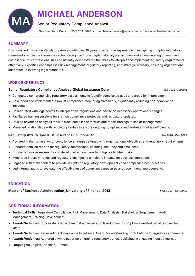 Insurance Regulatory Analyst resume example