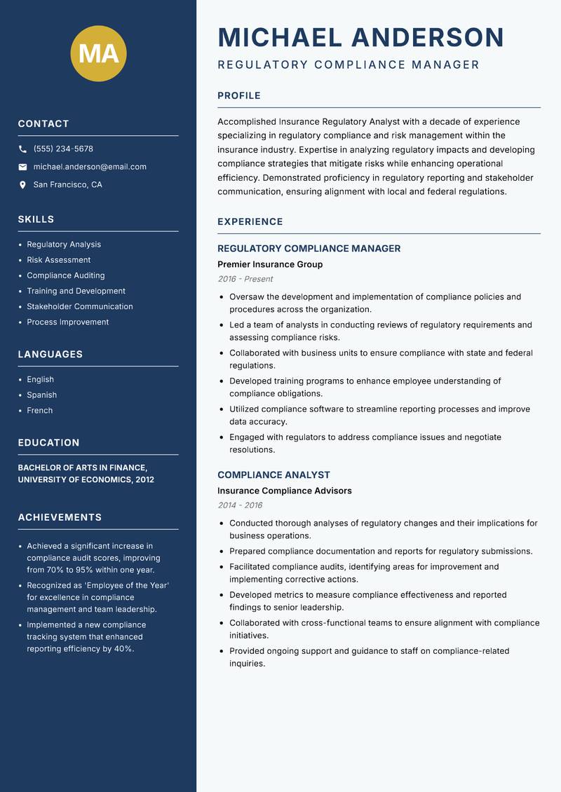 Insurance Regulatory Analyst resume sample — Regulatory Compliance Manager focus