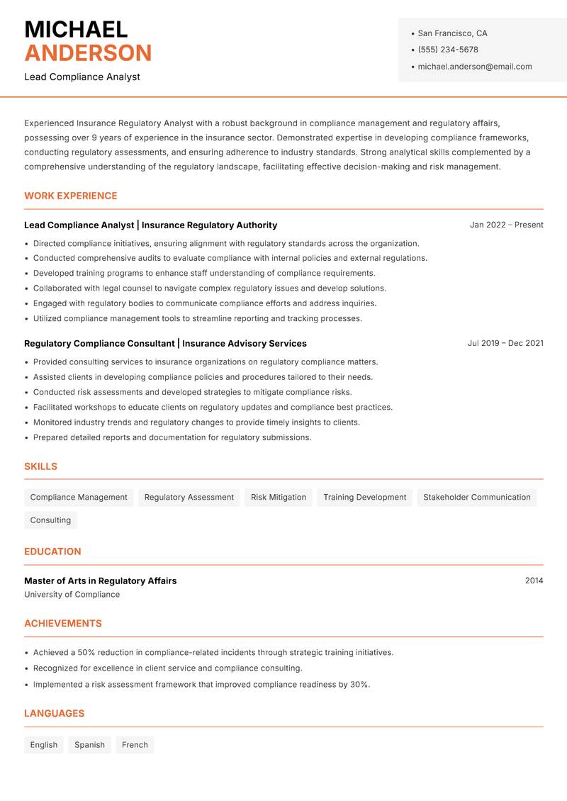 Insurance Regulatory Analyst resume sample — Lead Compliance Analyst focus