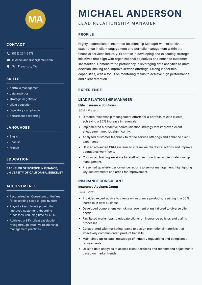 Insurance Relationship Manager resume sample — Lead Relationship Manager focus