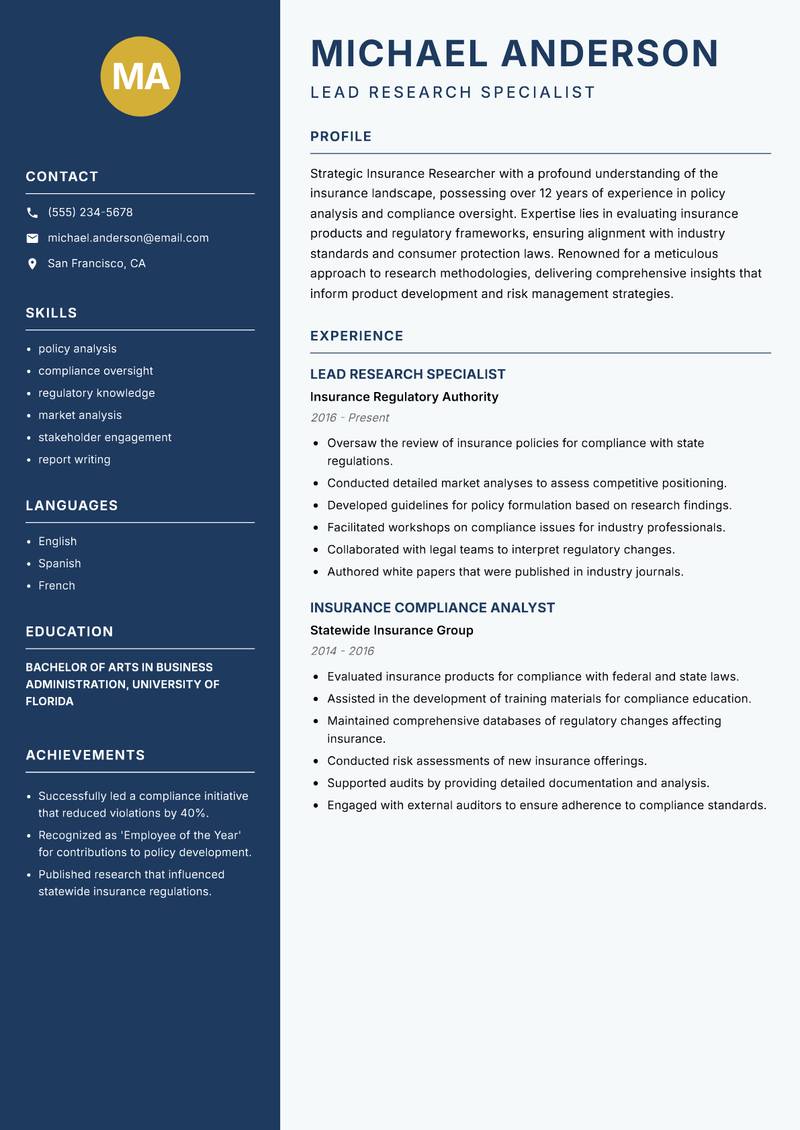 Insurance Researcher resume sample — Lead Research Specialist focus