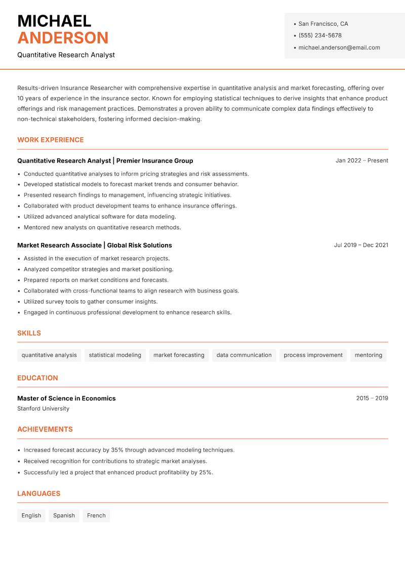 Insurance Researcher resume sample — Quantitative Research Analyst focus