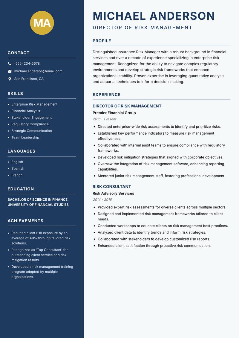 Insurance Risk Manager resume sample — Director of Risk Management focus